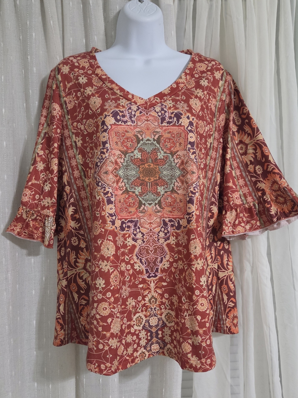 zeagoo Rust Boho Medallion V-Neck Tunic Top